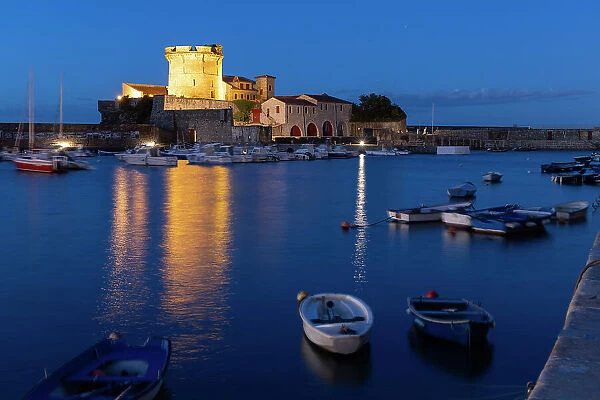 Socoa fort and fishing port at night, Saint-Jean-de-Luz, Pyrenees-Atlantiques, Nouvelle Aquitaine, France