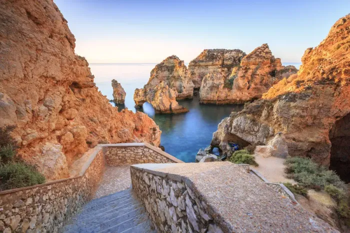 Framed Print : Soft colors of dawn on the red cliffs of Ponta da Piedade Lagos Algarve Portugal Europe Framed Print : Soft colors of dawn on the red cliffs of Ponta da Piedade Lagos Algarve Portugal Europe