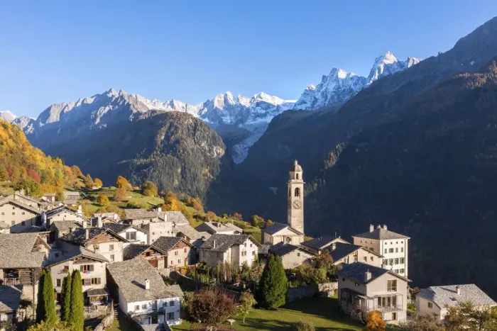 Framed Print : Soglio at sunset in autumn. Maloja district, Graubunden, Bregaglia valley, Switzerland Framed Print : Soglio at sunset in autumn. Maloja district, Graubunden, Bregaglia valley, Switzerland