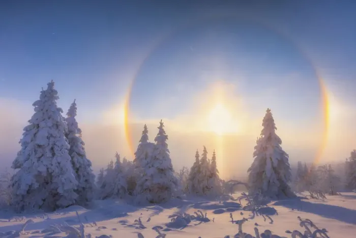 Framed Print : Solar halo in deep snow-covered winter landscape at Fichtelberg at sunset Framed Print : Solar halo in deep snow-covered winter landscape at Fichtelberg at sunset