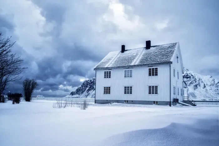 Framed Print : A solitary house at dusk in the snow capped village of Flakstad. Lofoten islands. Norway Framed Print : A solitary house at dusk in the snow capped village of Flakstad. Lofoten islands. Norway