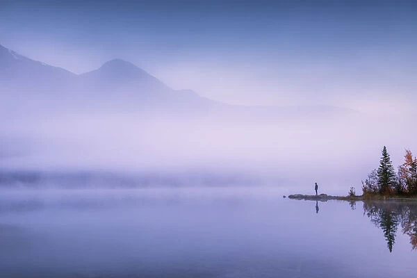 Solitary Person in Mist, Pyramid Lake, Jasper National Park, Alberta, Canada