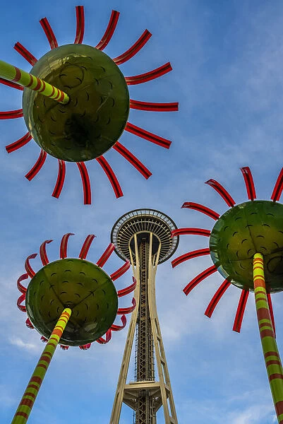 The Sonic Bloom solar-powered art installation with Space Needle behind, Pacific Science Center, Seattle, Washington, USA