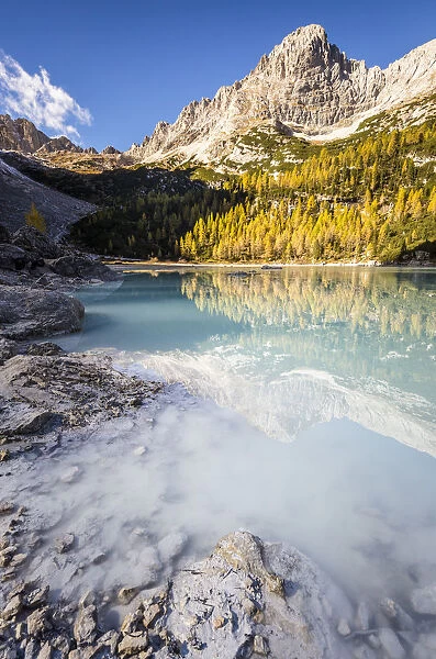 Sorapis lake with mount Ra Zesta, Cortina d Ampezzo, Belluno district, Veneto, Italy