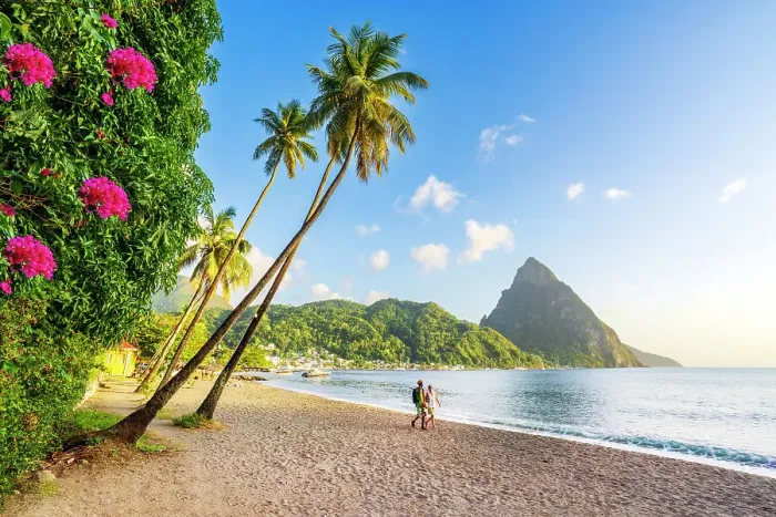 Framed Print : Soufriere Beach Park and bay at sunset Soufriere, Saint Lucia