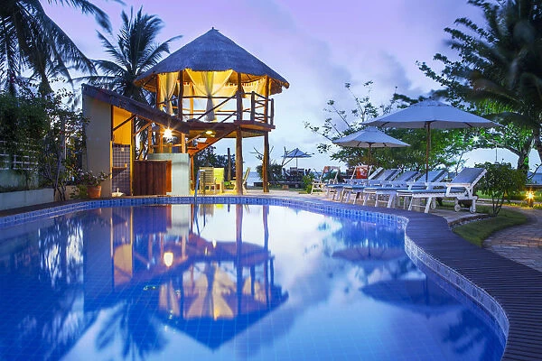 South America, Brazil, Alagoas, Praia do Riacho, sun loungers around the pool at the