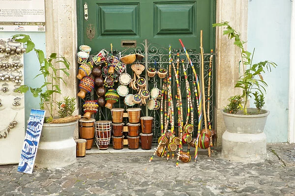 South America, Brazil, Bahia, Salvador, Brazilian percussion instruments including