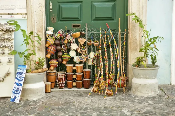 Framed Print : South America, Brazil, Bahia, Salvador, Brazilian percussion instruments including Framed Print : South America, Brazil, Bahia, Salvador, Brazilian percussion instruments including