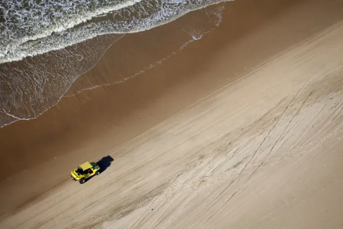 Framed Print : South America, Brazil, Ceara, Fortaleza, Aerial view of a yellow beach buggy driving Framed Print : South America, Brazil, Ceara, Fortaleza, Aerial view of a yellow beach buggy driving