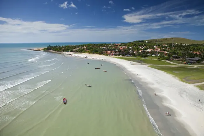 Framed Print : South America, Brazil, Ceara, Jericoacoara, Jericoacoara beach and village from the air