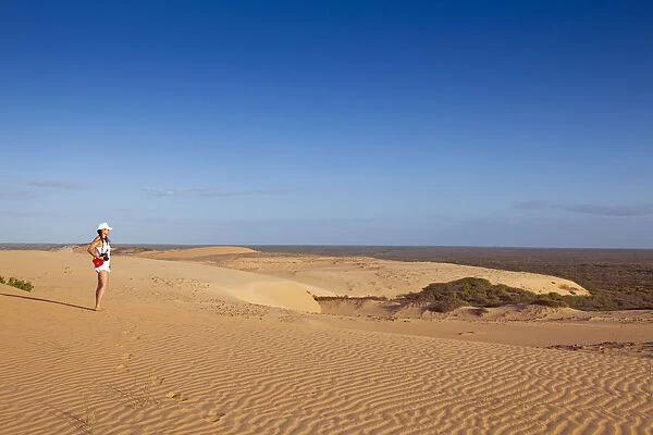 South America, Brazil, Ceara, Morro Branco, a photographer looks out over the dry