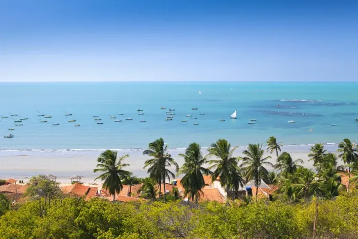 Framed Print : South America, Brazil, Ceara, Ponta Grossa, view of jangadas moored on an aquamarine Framed Print : South America, Brazil, Ceara, Ponta Grossa, view of jangadas moored on an aquamarine