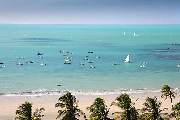South America, Brazil, Ceara, Ponta Grossa, view of jangadas moored on an aquamarine
