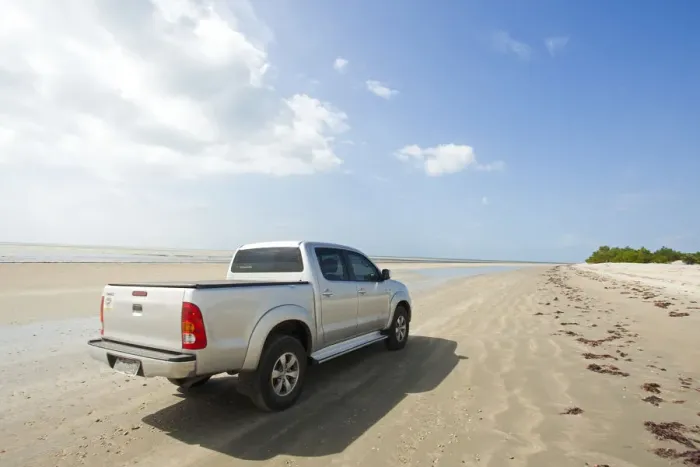 Framed Print : South America, Brazil, Ceara, Toyota Hilux 4x4 on the beach between Camocim Framed Print : South America, Brazil, Ceara, Toyota Hilux 4x4 on the beach between Camocim