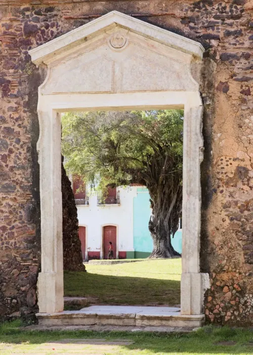 Framed Print : South America, Brazil, Maranhao, Alcantara, view through a ruined door of the Nossa