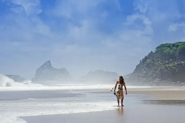 Framed Print : South America, Brazil, Pernambuco, Fernando de Noronha Island, surfer on Father s