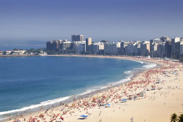 Framed Print : South America, Brazil, Rio de Janeiro, general view of Copacabana Beach showing hundreds Framed Print : South America, Brazil, Rio de Janeiro, general view of Copacabana Beach showing hundreds