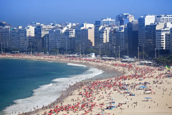 Framed Print : South America, Brazil, Rio de Janeiro, general view of Copacabana Beach showing hundreds Framed Print : South America, Brazil, Rio de Janeiro, general view of Copacabana Beach showing hundreds