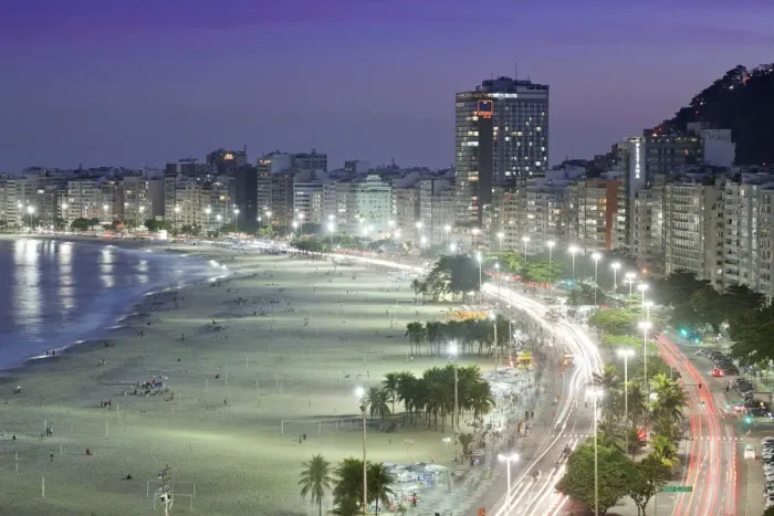Framed Print : South America, Brazil, Rio de Janeiro, general view of Copacabana Beach at night showing Framed Print : South America, Brazil, Rio de Janeiro, general view of Copacabana Beach at night showing