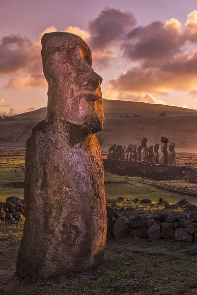 South America, Chile, Easter Island, Isla de Pascua, Moai stone human figures at sunrise