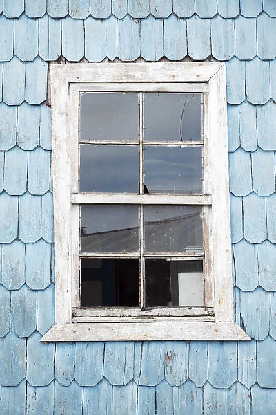 South America, Chile, Patagonia, Chiloe island, window on traditional wooden Chiloe house