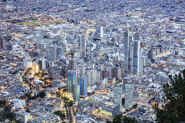 South America, Colombia, Bogota, elevated view of the city centre showing illuminated