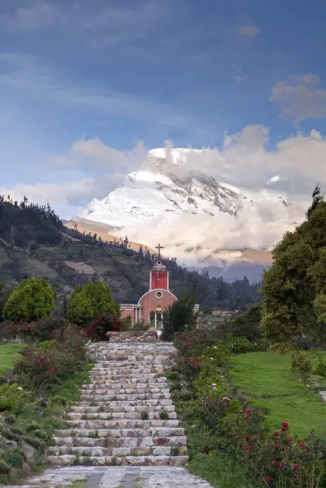 Framed Print : South America, Peru, Ancash, Yungay, Huascaran. View of the Yungay church in Yungay Viejo