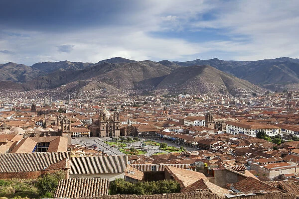 South America, Peru, Cusco. A view of Cusco from Sacsayhuaman showing the Plaza de