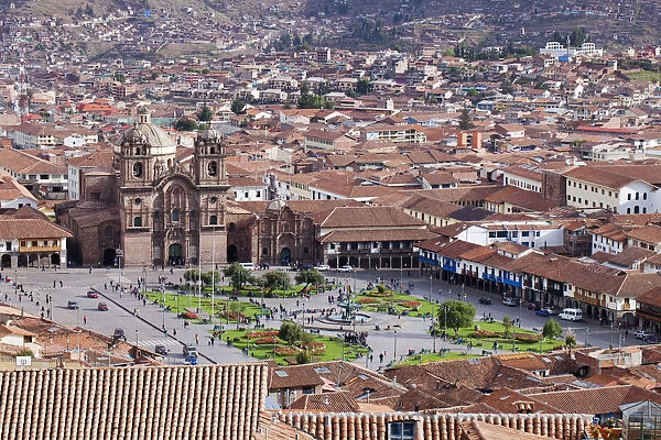 South America, Peru, Cusco. A view of Cusco from Sacsayhuaman showing the Plaza de Armas