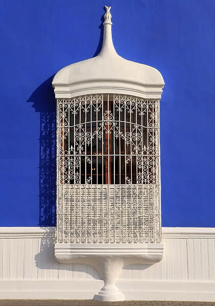 South America, Peru, La Libertad, Trujillo, a traditional iron lattice colonial window