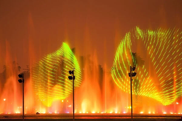 South America, Peru, Lima, laser projections on the Fantasy Fountain, part of the