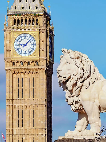 South Bank Lion and Big Ben, detailed view, London, England, United Kingdom