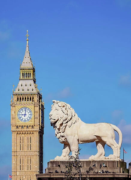 South Bank Lion and Big Ben, London, England, United Kingdom