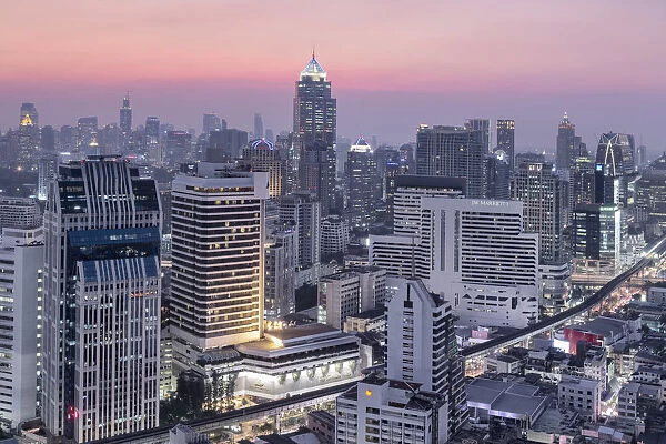 South East Asia, Thailand, Bangkok, night view along the BTS Skytrain and Sukhumvit Road