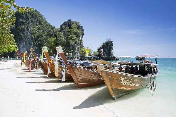 South East Asia, Thailand, Krabi province, Koh Hong, long-tail boats on Hat Koh Hong