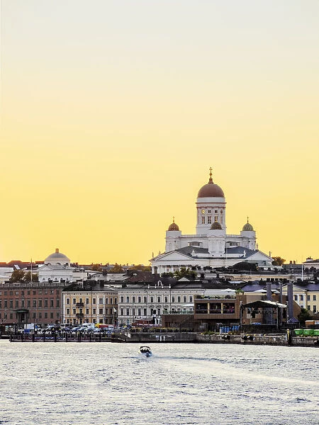 South harbour and City Center Skyline at dusk, Helsinki, Uusimaa County, Finland