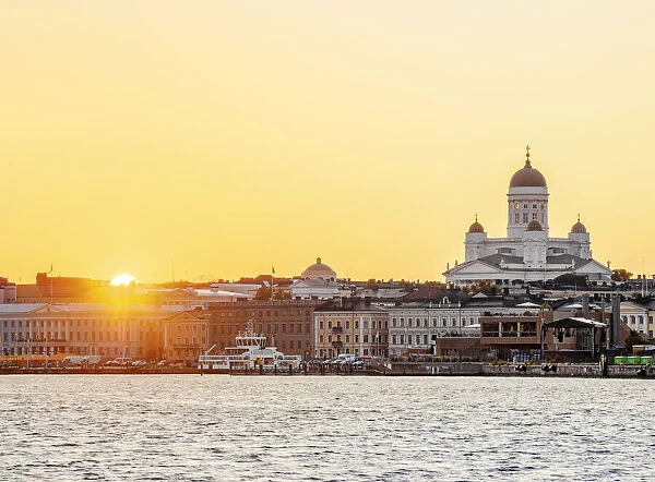 South harbour and City Center Skyline at sunset, Helsinki, Uusimaa County, Finland