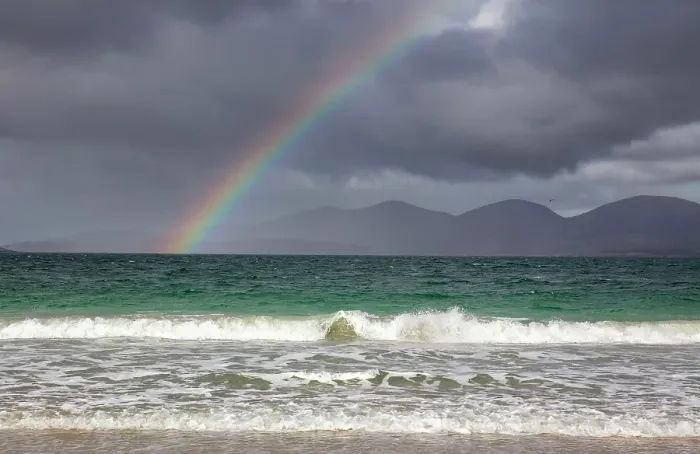 Framed Print : South Harris hills and rainbow from Traigh Rosamol, Luskentyre, Isle of Harris, Outer Hebrides, Scotland