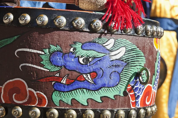 South Korea, Seoul, Deoksugung Palace, Ceremonial Guard Drum Detail depicting Dragon
