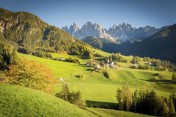 South Tyrol, Italy, Dolomites Alps. Val di Funes and Santa Maddalena church with Odle