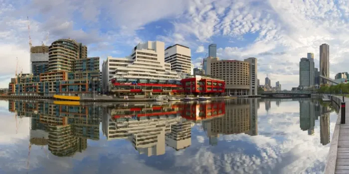 Framed Print : South Wharf skyline at dawn, Melbourne, Victoria, Australia