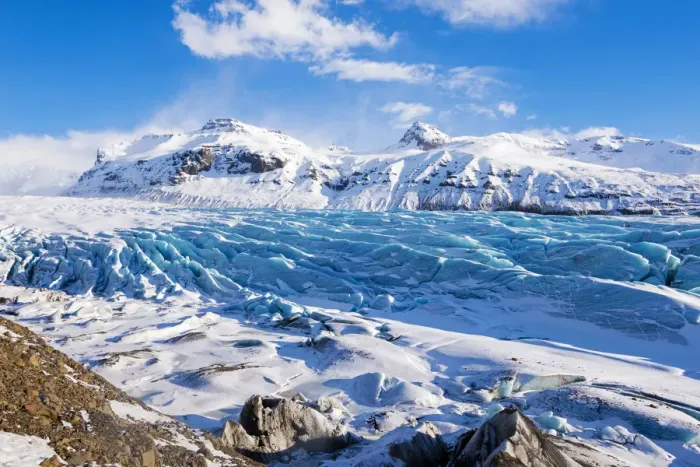 Framed Print : Southern Iceland, Europe. Panoramic view of a glacier in wintertime Framed Print : Southern Iceland, Europe. Panoramic view of a glacier in wintertime