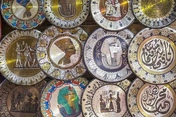 Souvenir plates for sale, Khan el-Khalili bazaar (Souk), Cairo, Egypt