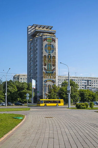 Soviet wall murals on apartment building in Minsk, Belarus