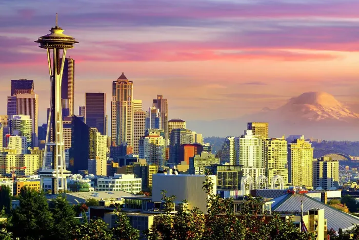 Framed Print : Space Needle, Skyline of Seattle Downtown, sunset with Mount Rainier in the background Seattle, Washington State, USA