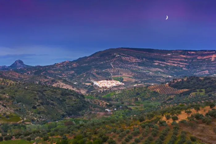 Framed Print : Spain, Andalucia, Cadiz province, Torre Alhaquime, view over valley to town at dusk Framed Print : Spain, Andalucia, Cadiz province, Torre Alhaquime, view over valley to town at dusk