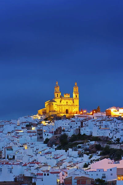 Spain, Andalucia, Cadiz province, Olvera, Our Lady of the Incarnation Church at dusk