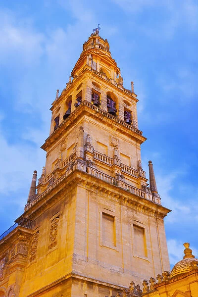 Spain, Andalucia, Cordoba, low view of La Mezquita cathedral at dusk