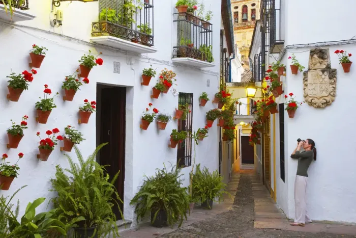 Framed Print : Spain, Andalucia, Cordoba, Woman photographing Traditional flower square (MR) Framed Print : Spain, Andalucia, Cordoba, Woman photographing Traditional flower square (MR)
