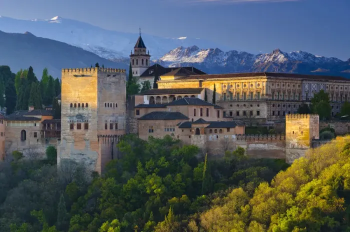 Framed Print : Spain, Andalucia, Granada Province, Granada, Alhambra Palace and Sierra Nevada mountains